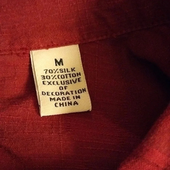 Men's Caribbean Size Medium Silk Blend Tropical Rust Top Button Up - Picture 6 of 6